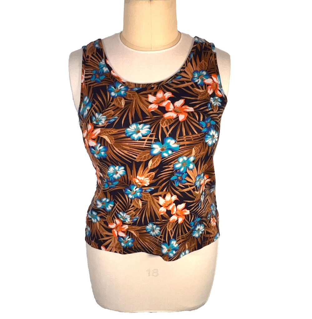 Lands' End - Womens L Tank Top Tropical Print Long Sleeve Turtleneck Navy Blue